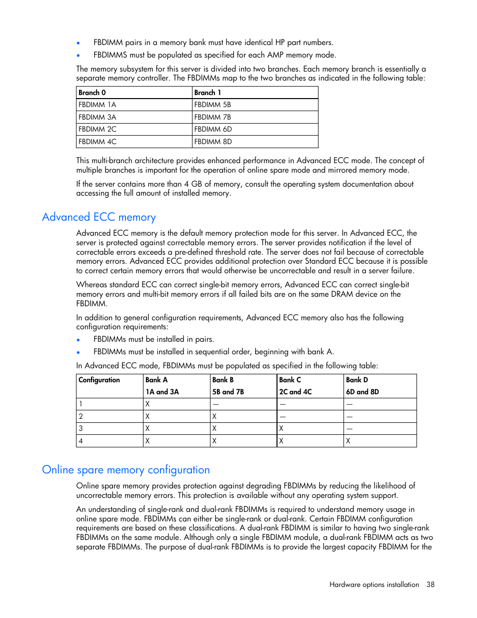 Advanced ecc memory, Online spare memory configuration | HP ProLiant DL360 G5 Server User Manual | Page 38 / 118