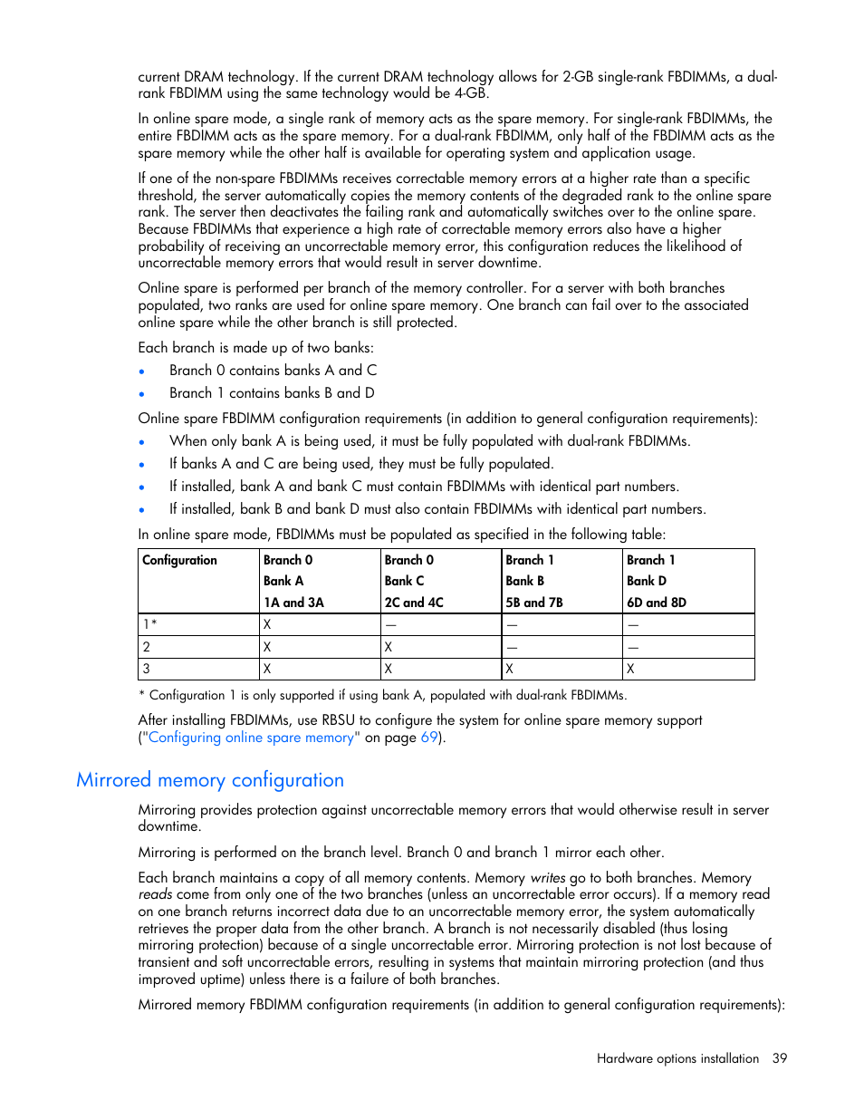 Mirrored memory configuration | HP ProLiant DL360 G5 Server User Manual | Page 39 / 118
