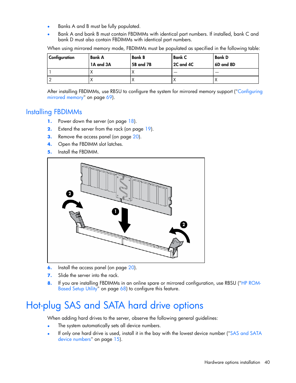 Installing fbdimms, Hot-plug sas and sata hard drive options | HP ProLiant DL360 G5 Server User Manual | Page 40 / 118