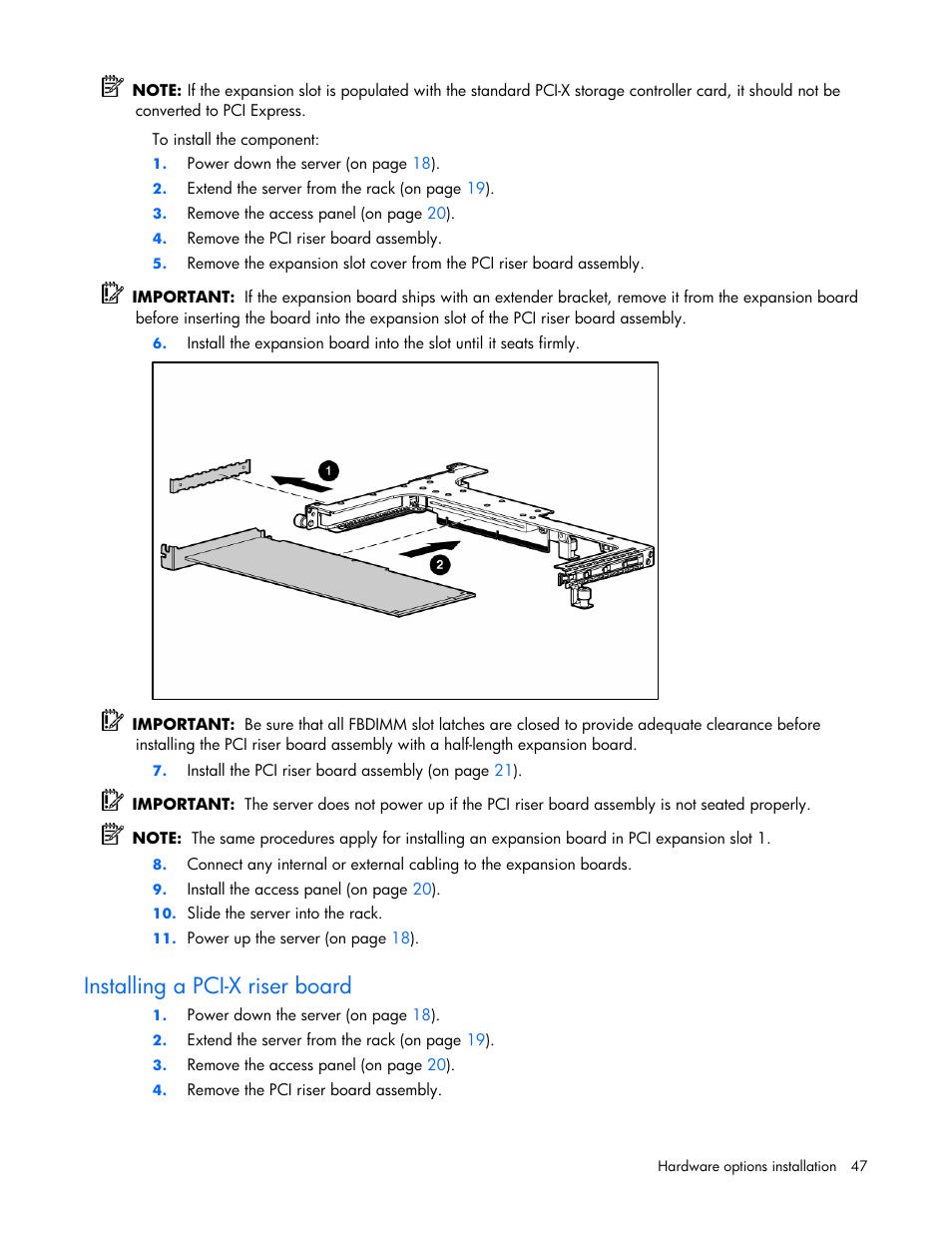 Installing a pci-x riser board | HP ProLiant DL360 G5 Server User Manual | Page 47 / 118