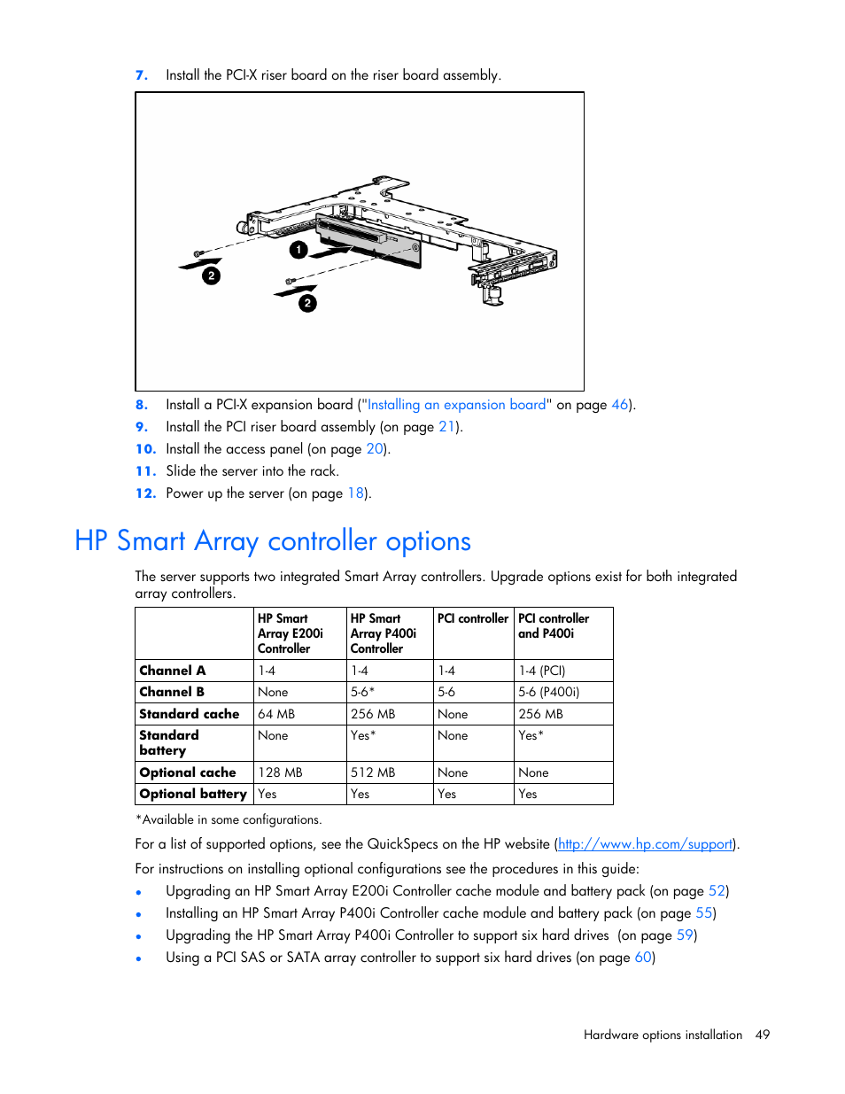 Hp smart array controller options | HP ProLiant DL360 G5 Server User Manual | Page 49 / 118