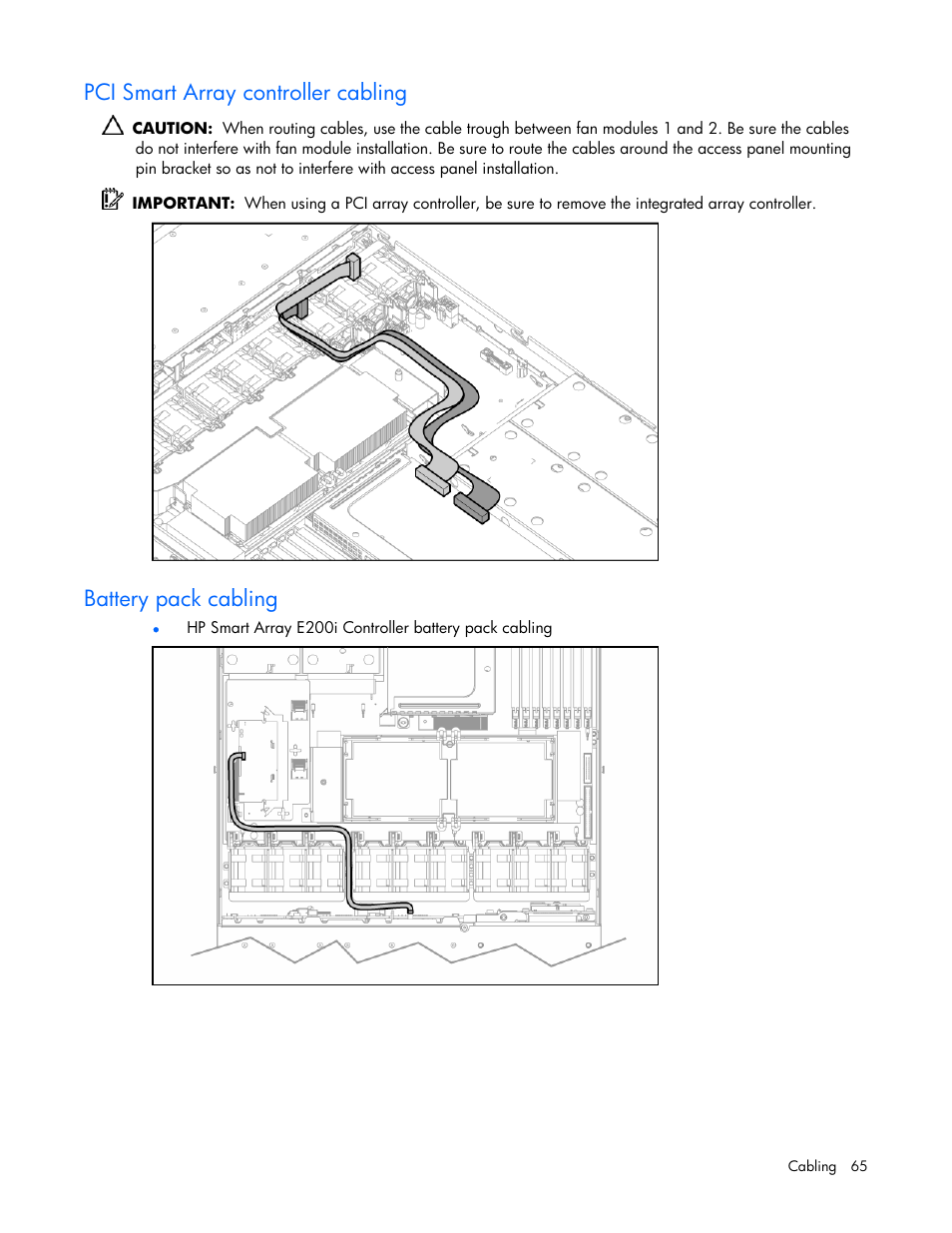 Pci smart array controller cabling, Battery pack cabling | HP ProLiant DL360 G5 Server User Manual | Page 65 / 118