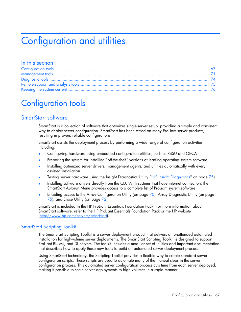 Configuration and utilities, Configuration tools, Smartstart software | Smartstart scripting toolkit | HP ProLiant DL360 G5 Server User Manual | Page 67 / 118