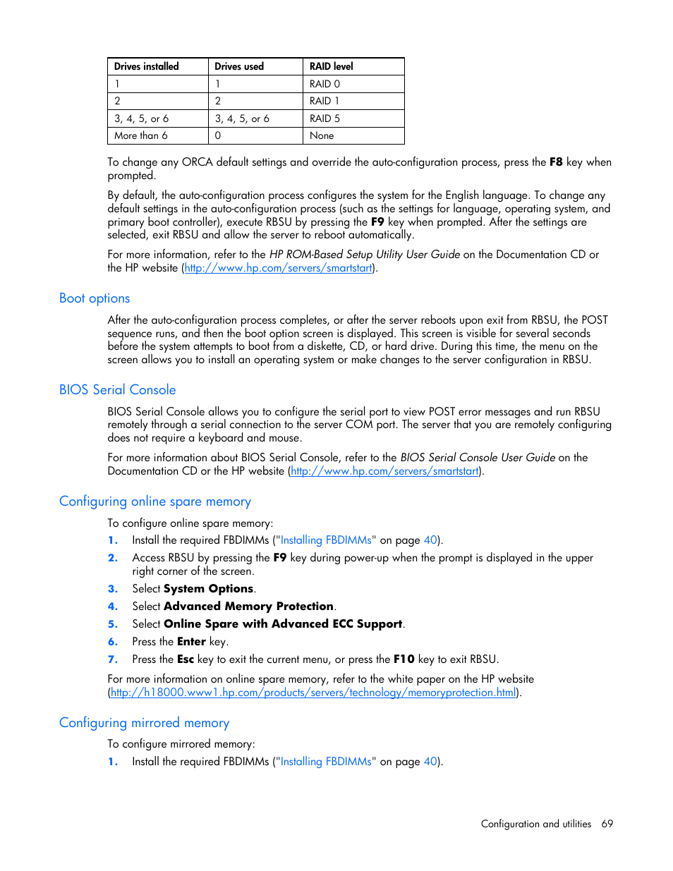 Boot options, Bios serial console, Configuring online spare memory | Configuring mirrored memory, Ry support, Configuring, Mirrored memory | HP ProLiant DL360 G5 Server User Manual | Page 69 / 118