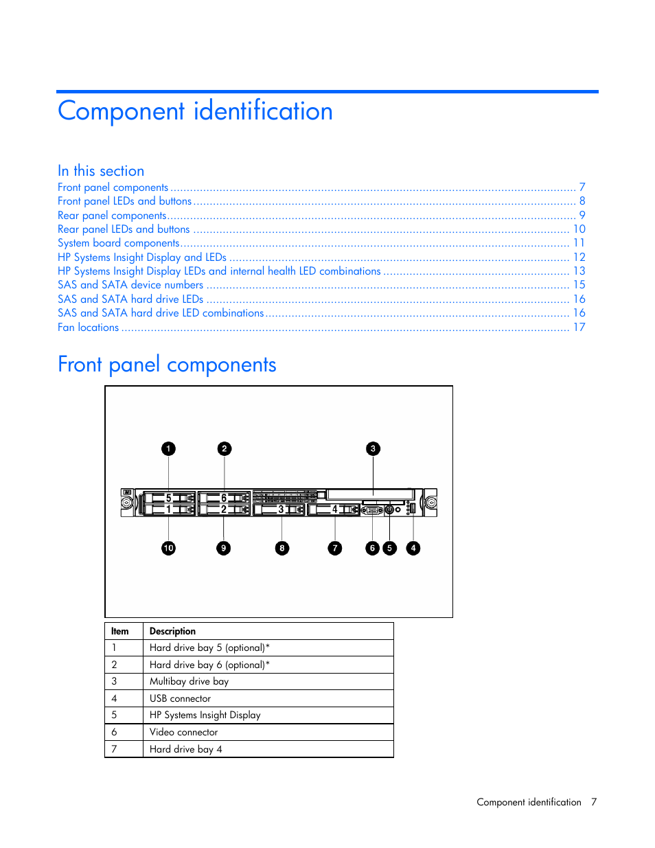 Component identification, Front panel components | HP ProLiant DL360 G5 Server User Manual | Page 7 / 118