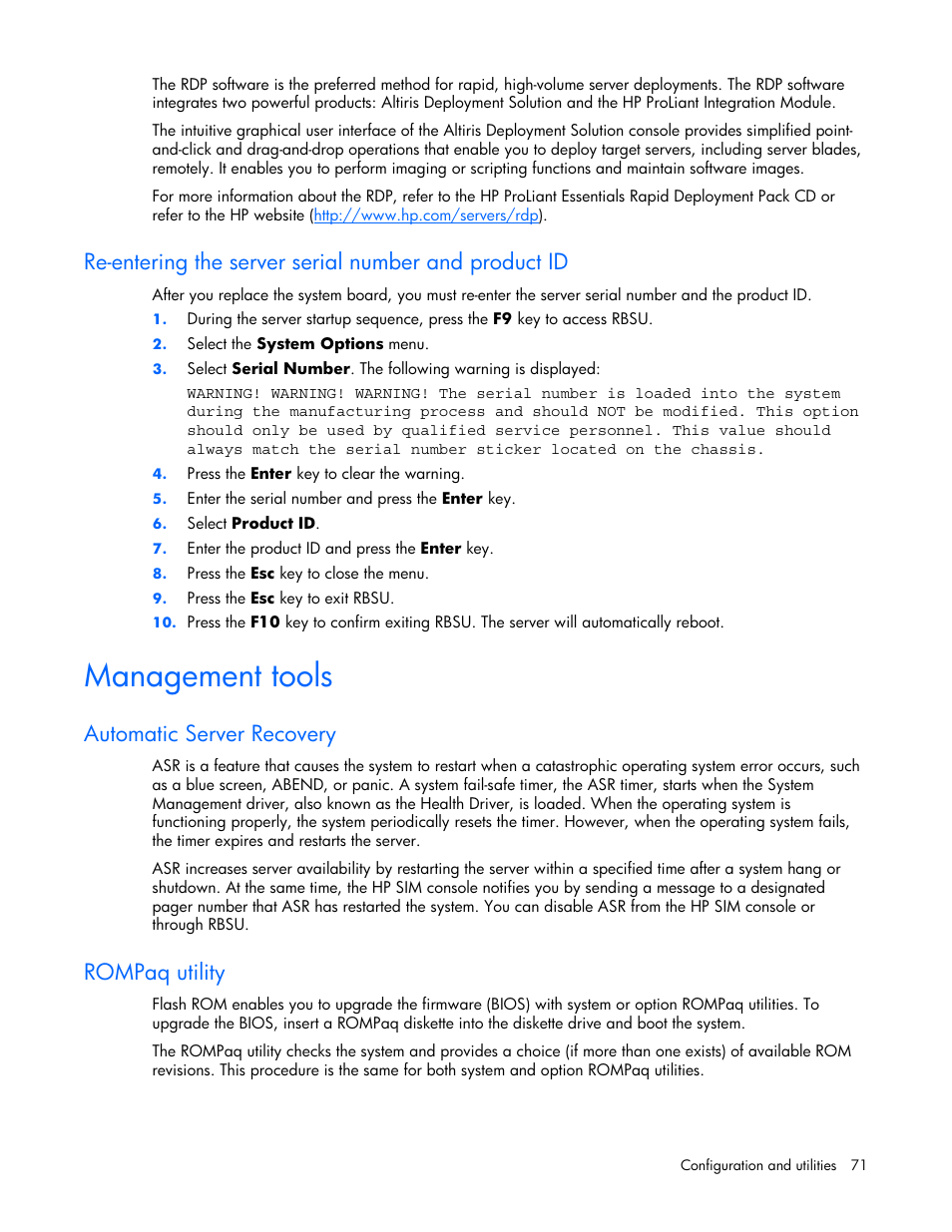 Management tools, Automatic server recovery, Rompaq utility | HP ProLiant DL360 G5 Server User Manual | Page 71 / 118