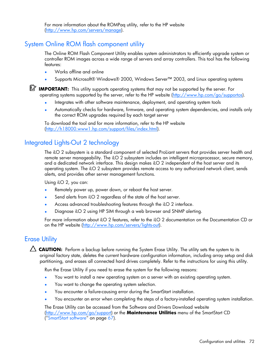 System online rom flash component utility, Integrated lights-out 2 technology, Erase utility | HP ProLiant DL360 G5 Server User Manual | Page 72 / 118