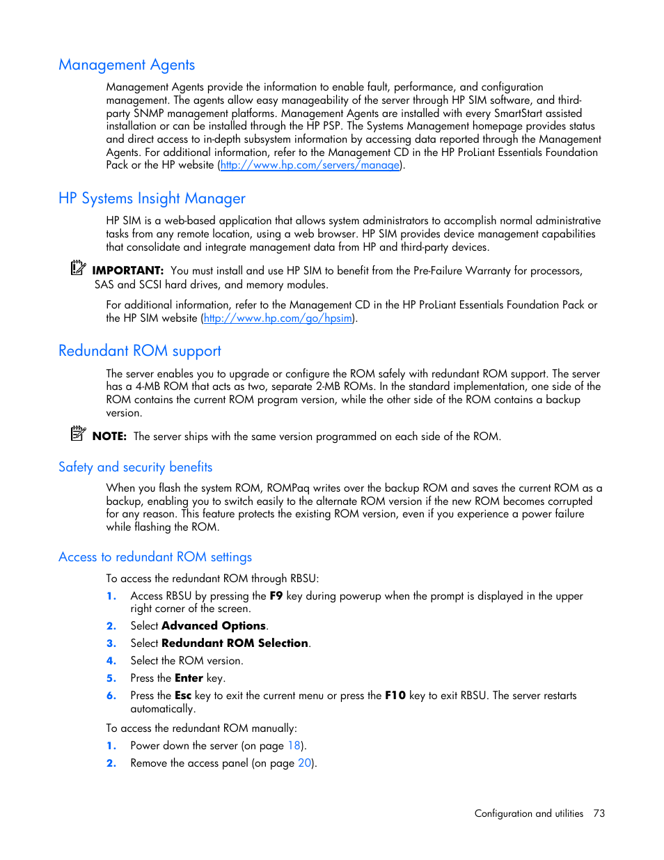 Management agents, Hp systems insight manager, Redundant rom support | Safety and security benefits, Access to redundant rom settings | HP ProLiant DL360 G5 Server User Manual | Page 73 / 118