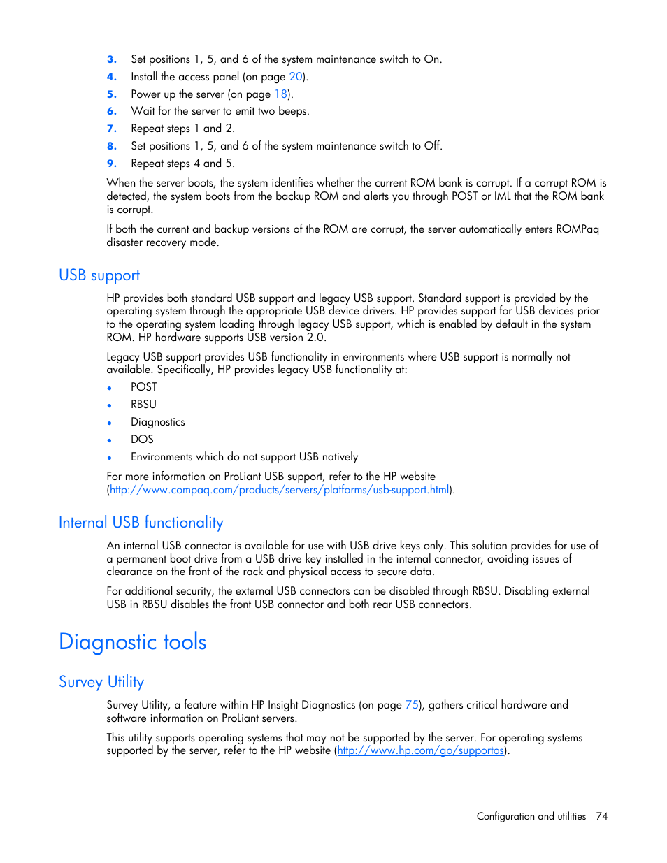 Usb support, Internal usb functionality, Diagnostic tools | Survey utility | HP ProLiant DL360 G5 Server User Manual | Page 74 / 118