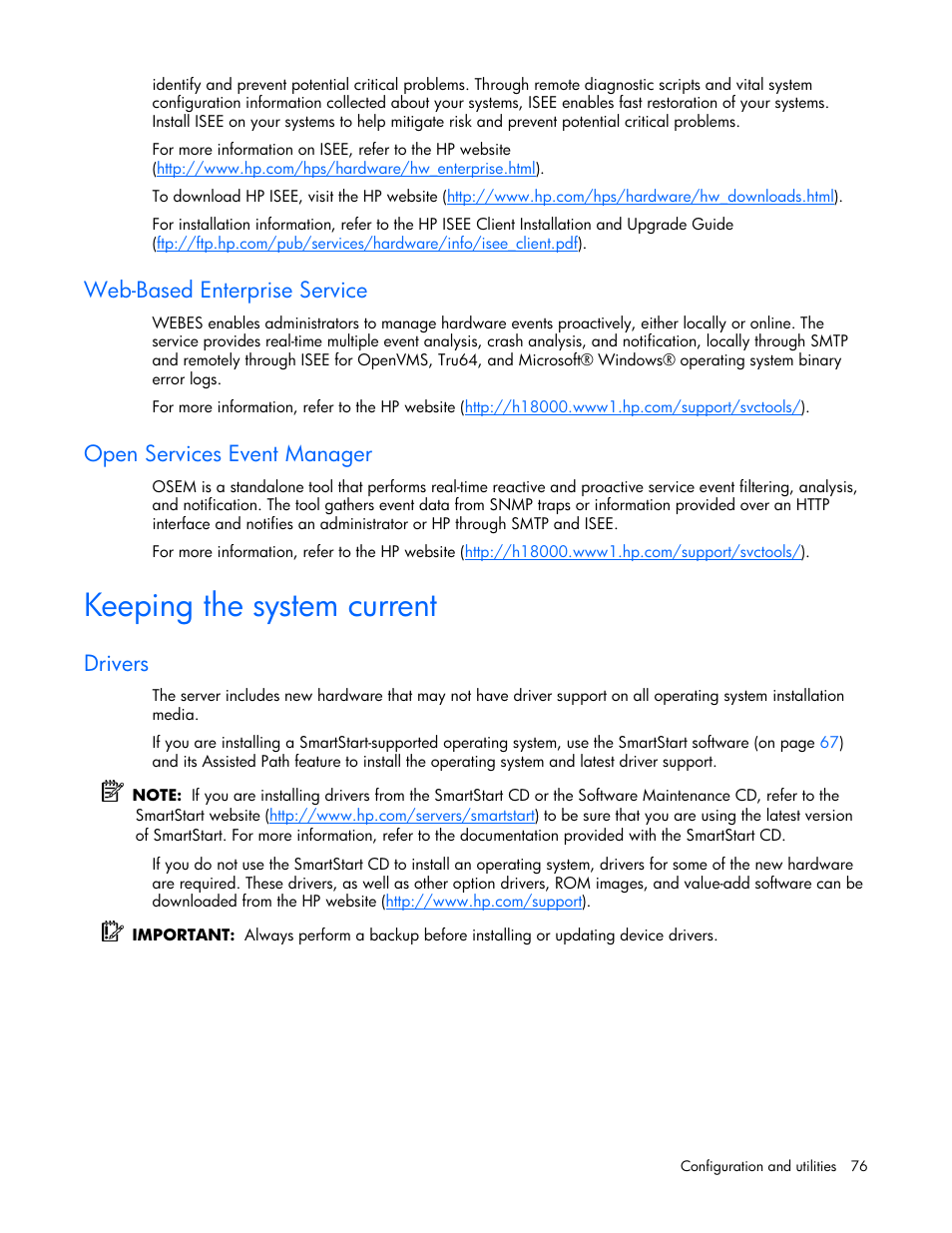 Web-based enterprise service, Open services event manager, Keeping the system current | Drivers | HP ProLiant DL360 G5 Server User Manual | Page 76 / 118