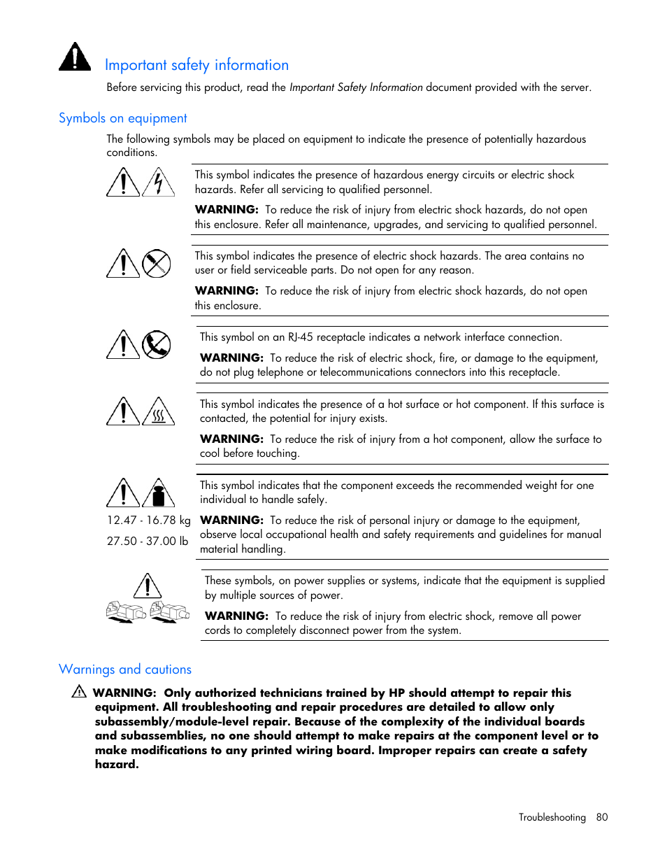 Symbols on equipment, Warnings and cautions, Important safety information | HP ProLiant DL360 G5 Server User Manual | Page 80 / 118