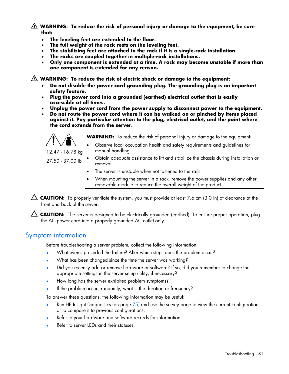 Symptom information | HP ProLiant DL360 G5 Server User Manual | Page 81 / 118