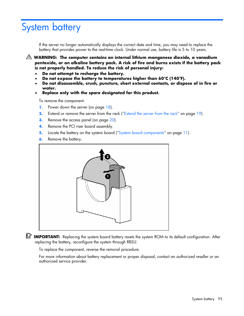 System battery | HP ProLiant DL360 G5 Server User Manual | Page 95 / 118