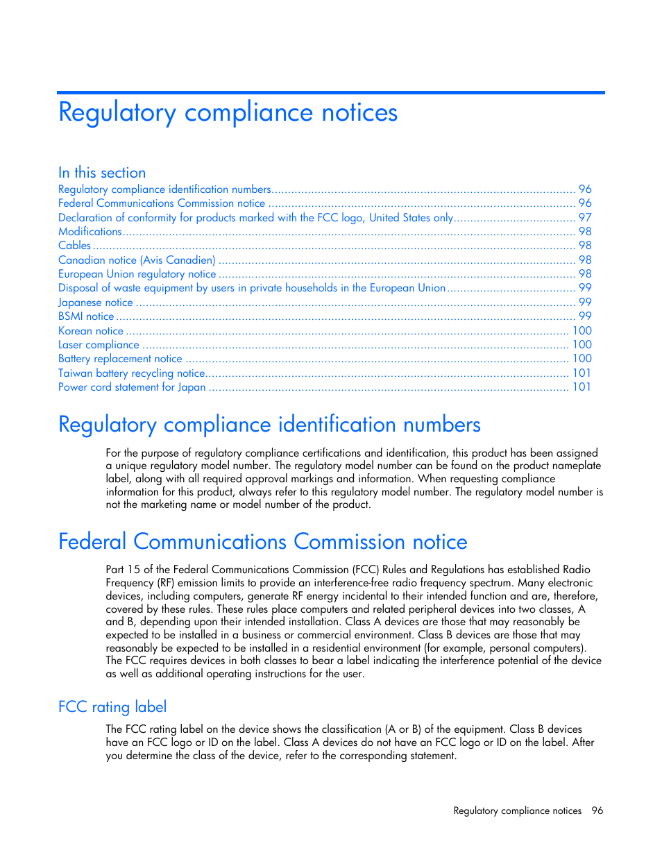 Regulatory compliance notices, Regulatory compliance identification numbers, Federal communications commission notice | Fcc rating label | HP ProLiant DL360 G5 Server User Manual | Page 96 / 118