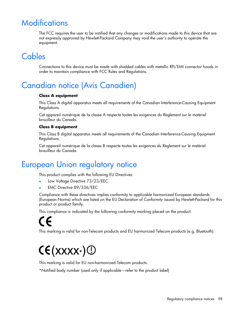 Modifications, Cables, Canadian notice (avis canadien) | European union regulatory notice, 98 cables, 98 canadian notice (avis canadien), 98 european union regulatory notice | HP ProLiant DL360 G5 Server User Manual | Page 98 / 118