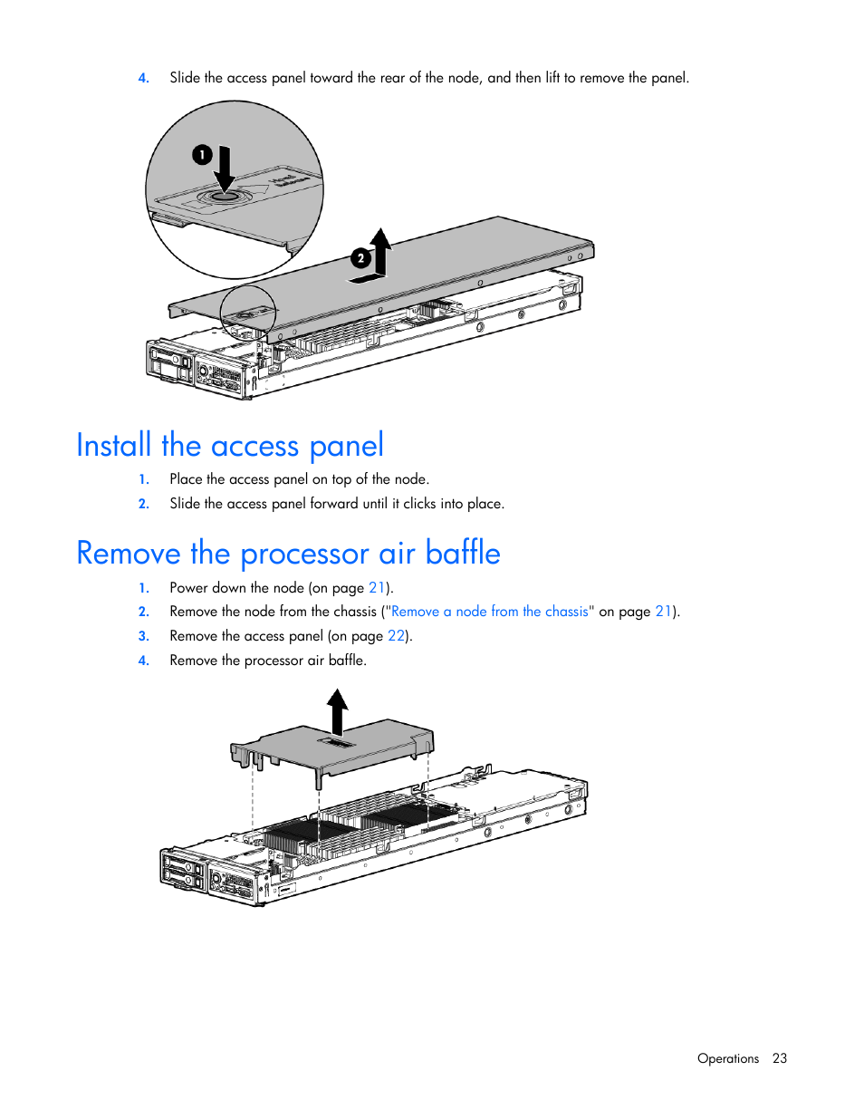 Install the access panel, Remove the processor air baffle | HP ProLiant SL4545 G7 Server User Manual | Page 23 / 78