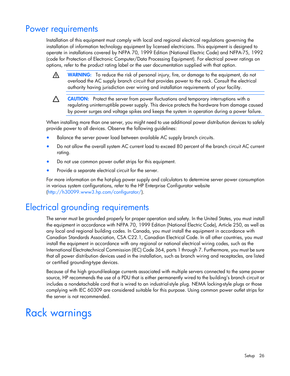 Power requirements, Electrical grounding requirements, Rack warnings | HP ProLiant SL4545 G7 Server User Manual | Page 26 / 78