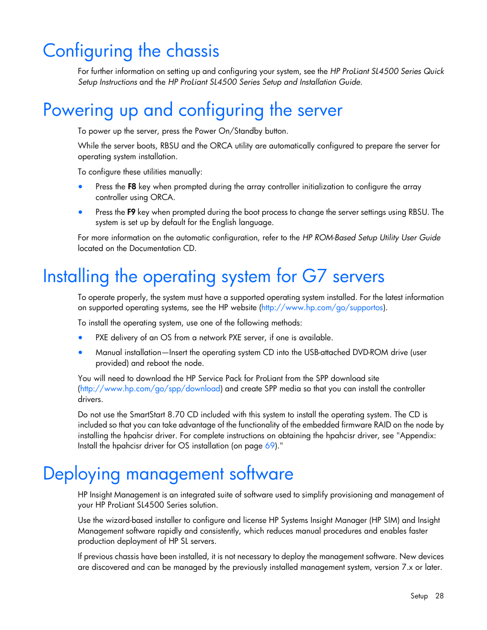 Configuring the chassis, Powering up and configuring the server, Installing the operating system for g7 servers | Deploying management software | HP ProLiant SL4545 G7 Server User Manual | Page 28 / 78
