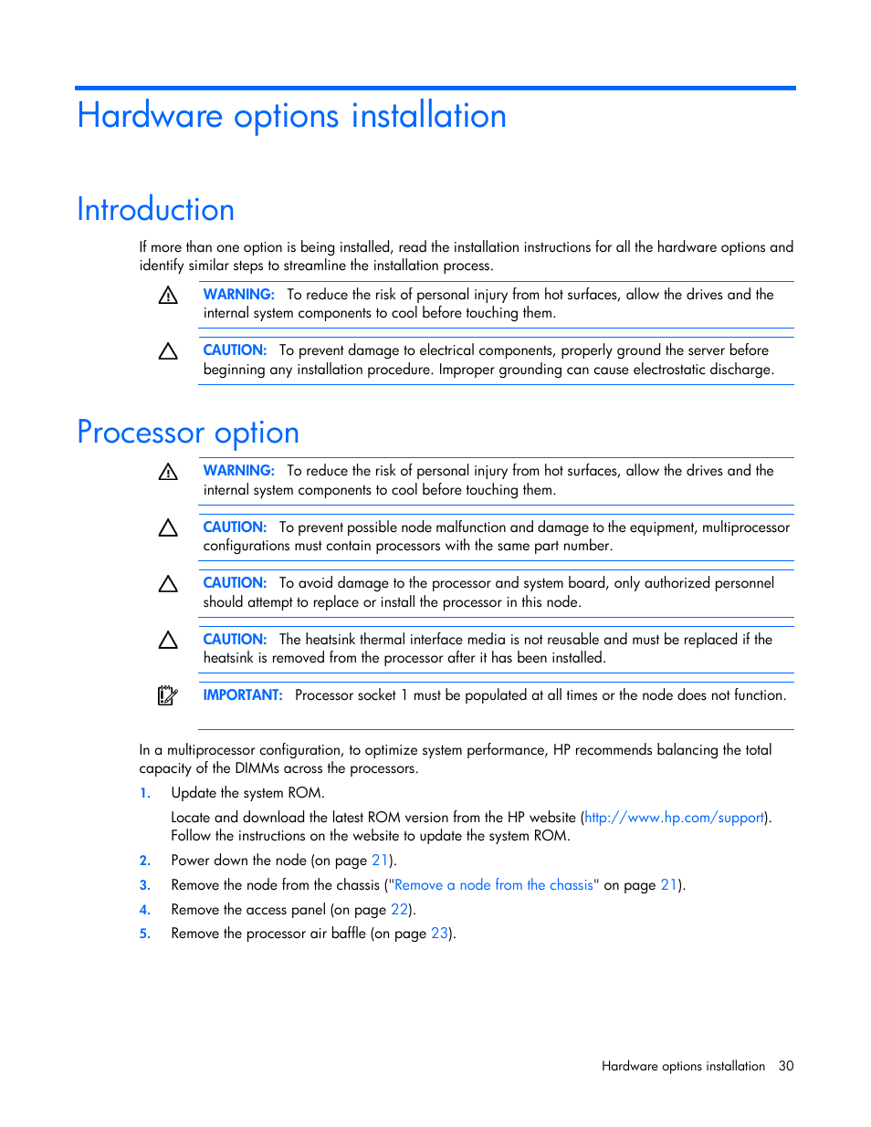 Hardware options installation, Introduction, Processor option | HP ProLiant SL4545 G7 Server User Manual | Page 30 / 78