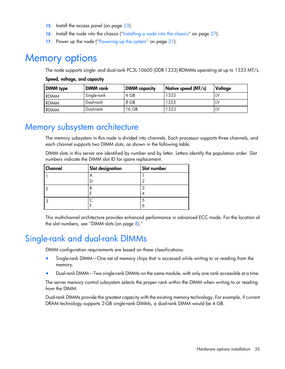 Memory options, Memory subsystem architecture, Single-rank and dual-rank dimms | HP ProLiant SL4545 G7 Server User Manual | Page 35 / 78