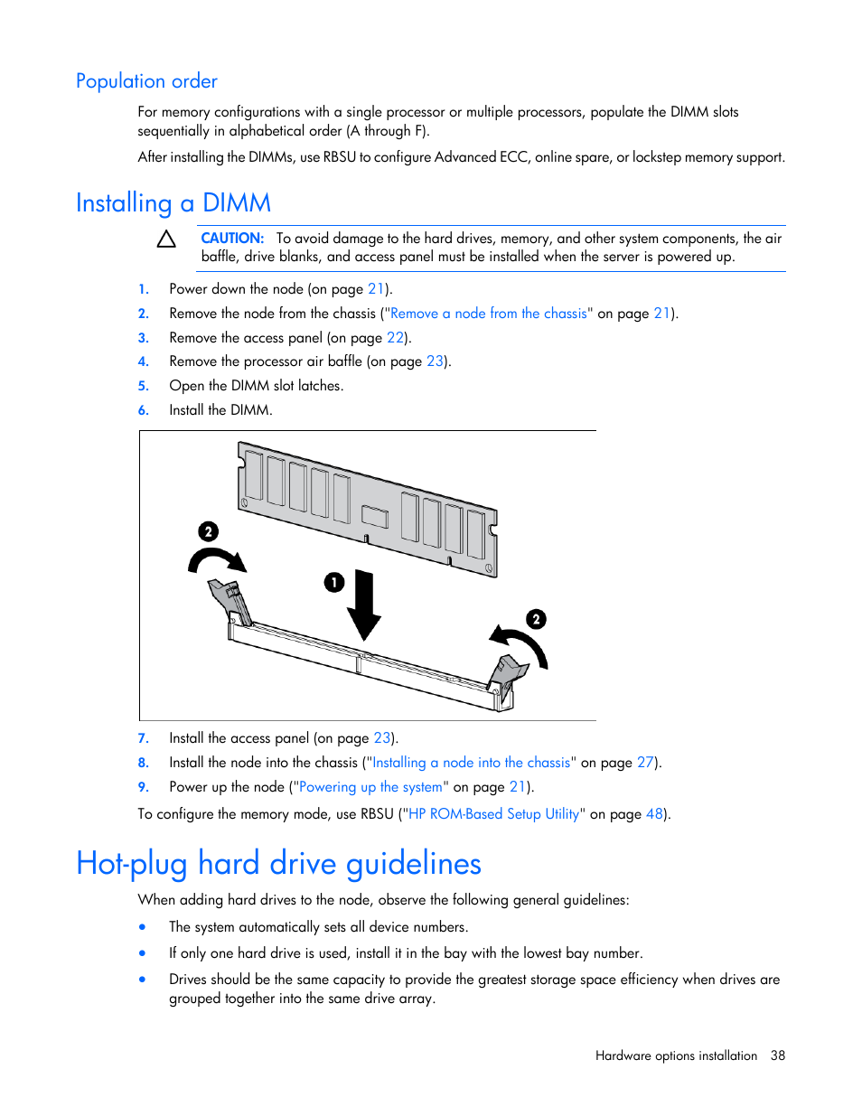 Population order, Installing a dimm, Hot-plug hard drive guidelines | HP ProLiant SL4545 G7 Server User Manual | Page 38 / 78