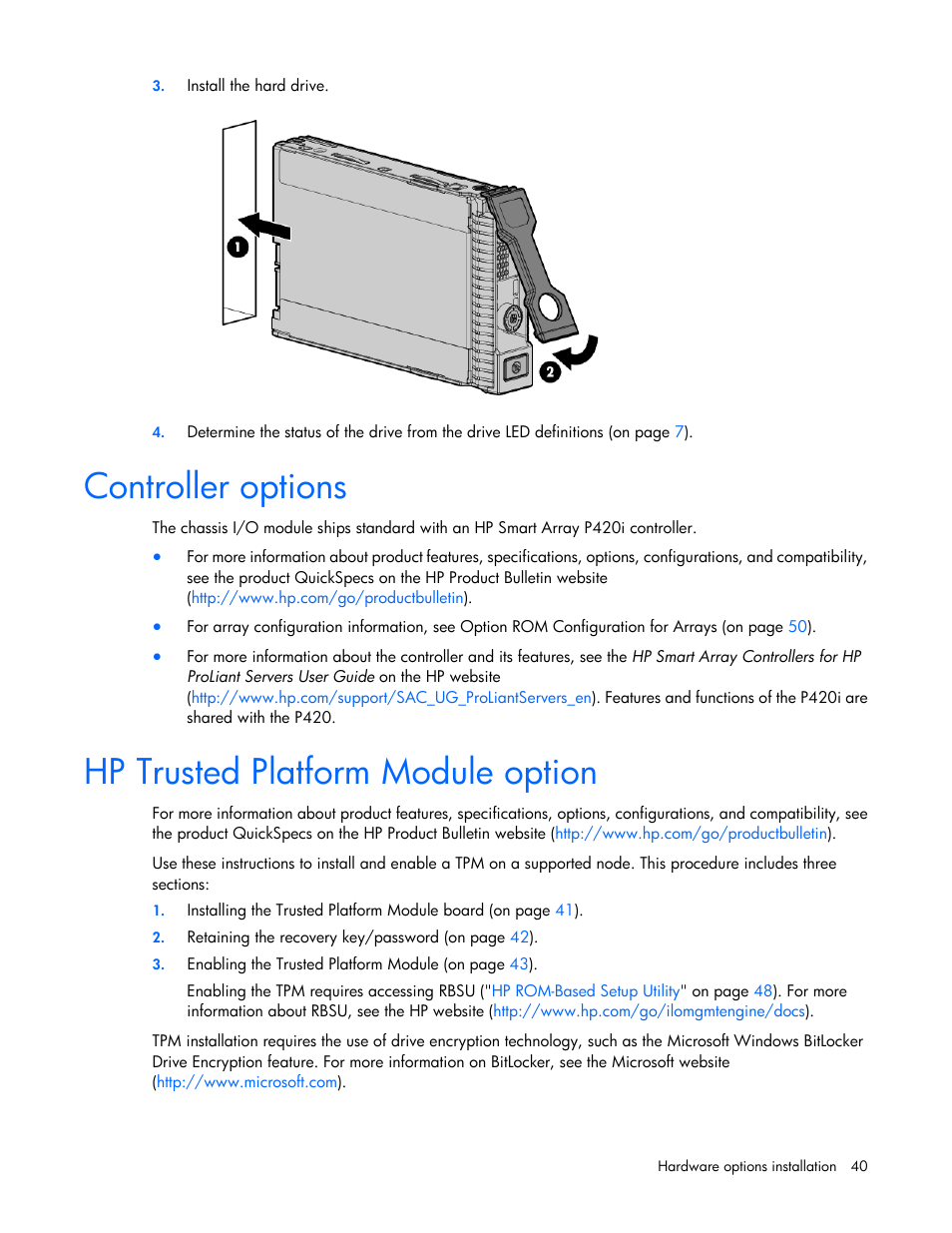 Controller options, Hp trusted platform module option | HP ProLiant SL4545 G7 Server User Manual | Page 40 / 78