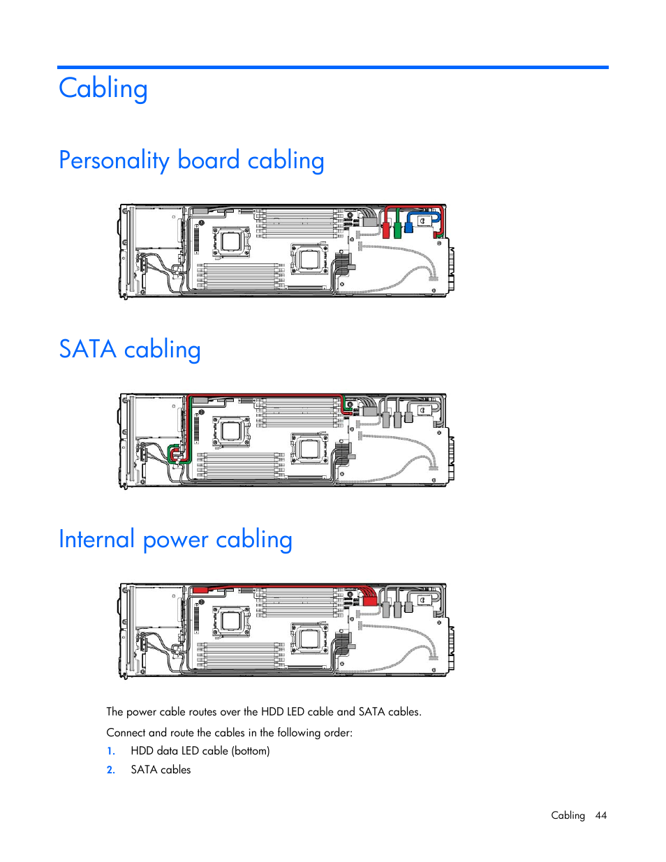 Cabling, Personality board cabling, Sata cabling | Internal power cabling | HP ProLiant SL4545 G7 Server User Manual | Page 44 / 78