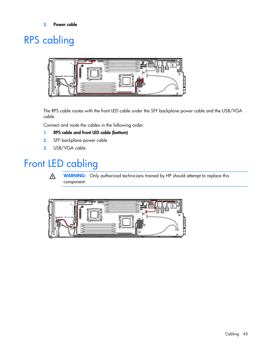 Rps cabling, Front led cabling | HP ProLiant SL4545 G7 Server User Manual | Page 45 / 78