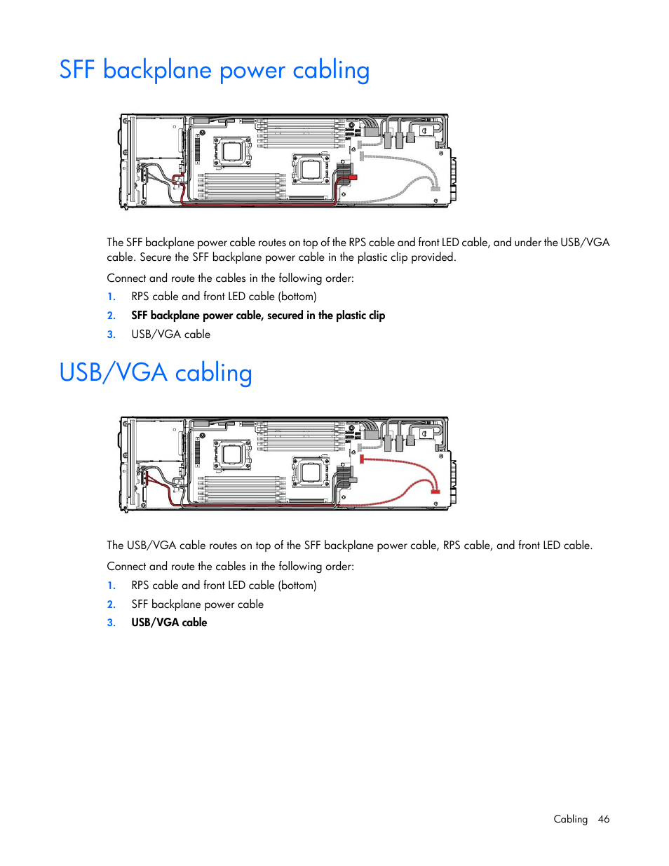 Sff backplane power cabling, Usb/vga cabling | HP ProLiant SL4545 G7 Server User Manual | Page 46 / 78