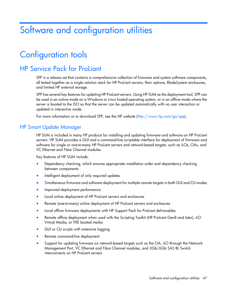 Software and configuration utilities, Configuration tools, Hp service pack for proliant | Hp smart update manager | HP ProLiant SL4545 G7 Server User Manual | Page 47 / 78