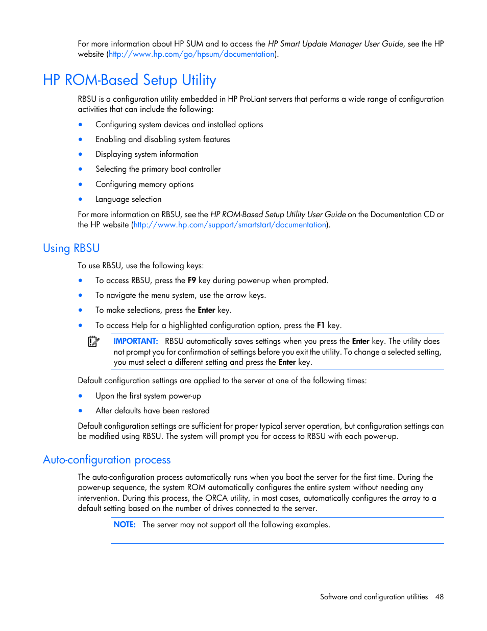 Hp rom-based setup utility, Using rbsu, Auto-configuration process | HP ProLiant SL4545 G7 Server User Manual | Page 48 / 78