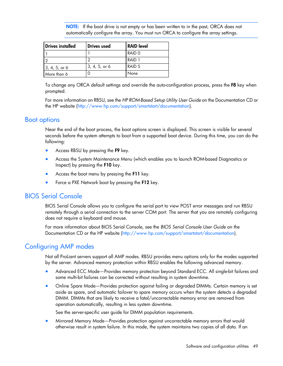 Boot options, Bios serial console, Configuring amp modes | HP ProLiant SL4545 G7 Server User Manual | Page 49 / 78