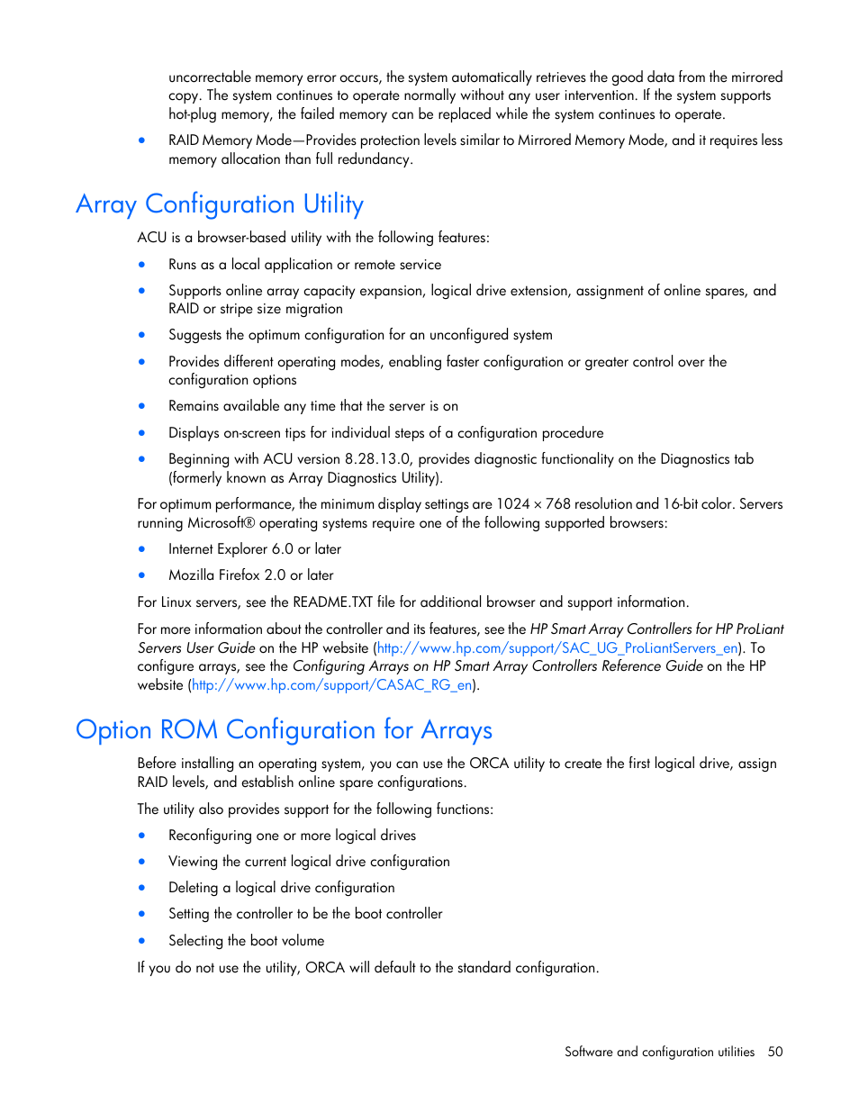 Array configuration utility, Option rom configuration for arrays | HP ProLiant SL4545 G7 Server User Manual | Page 50 / 78