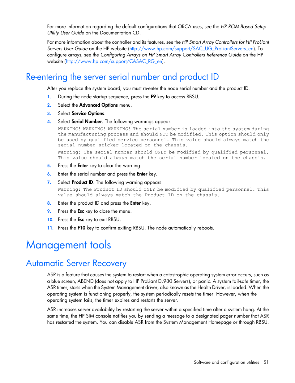 Management tools, Automatic server recovery | HP ProLiant SL4545 G7 Server User Manual | Page 51 / 78