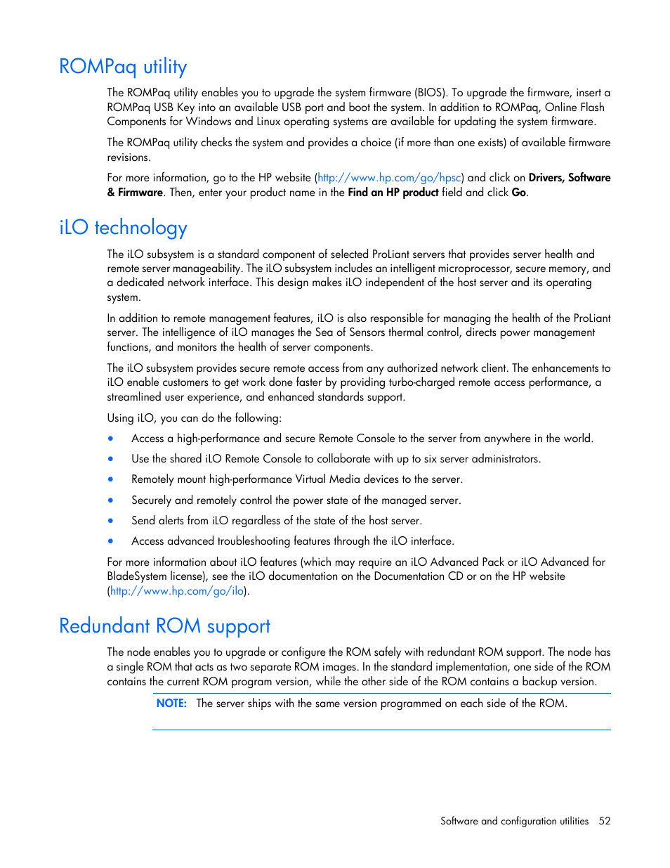 Rompaq utility, Ilo technology, Redundant rom support | HP ProLiant SL4545 G7 Server User Manual | Page 52 / 78