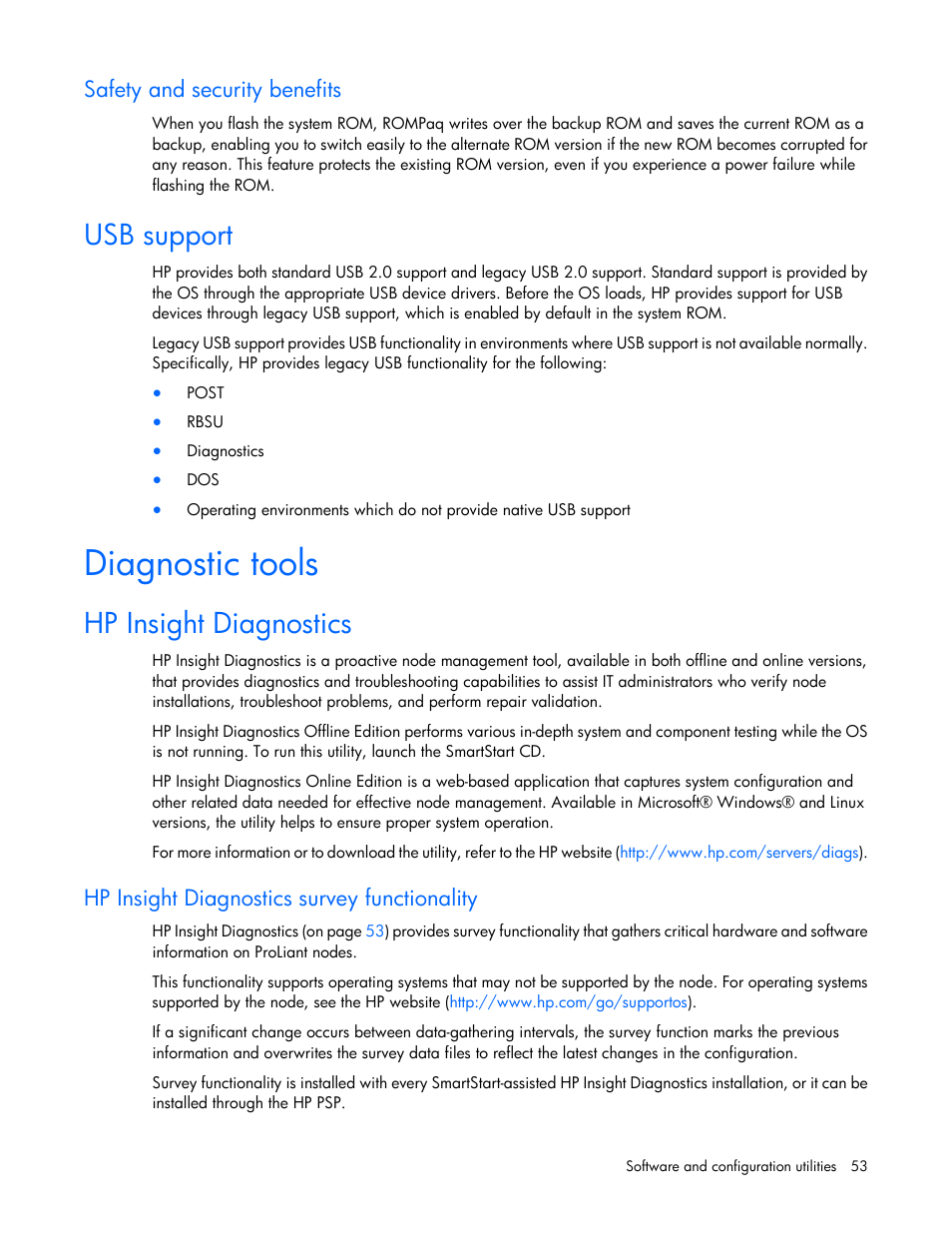 Safety and security benefits, Usb support, Diagnostic tools | Hp insight diagnostics, Hp insight diagnostics survey functionality | HP ProLiant SL4545 G7 Server User Manual | Page 53 / 78