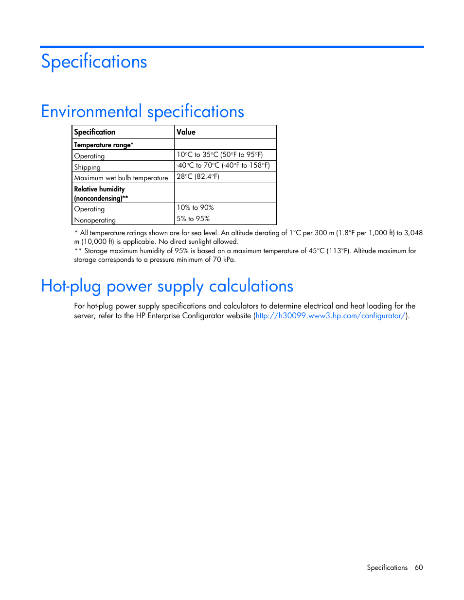 Specifications, Environmental specifications, Hot-plug power supply calculations | HP ProLiant SL4545 G7 Server User Manual | Page 60 / 78