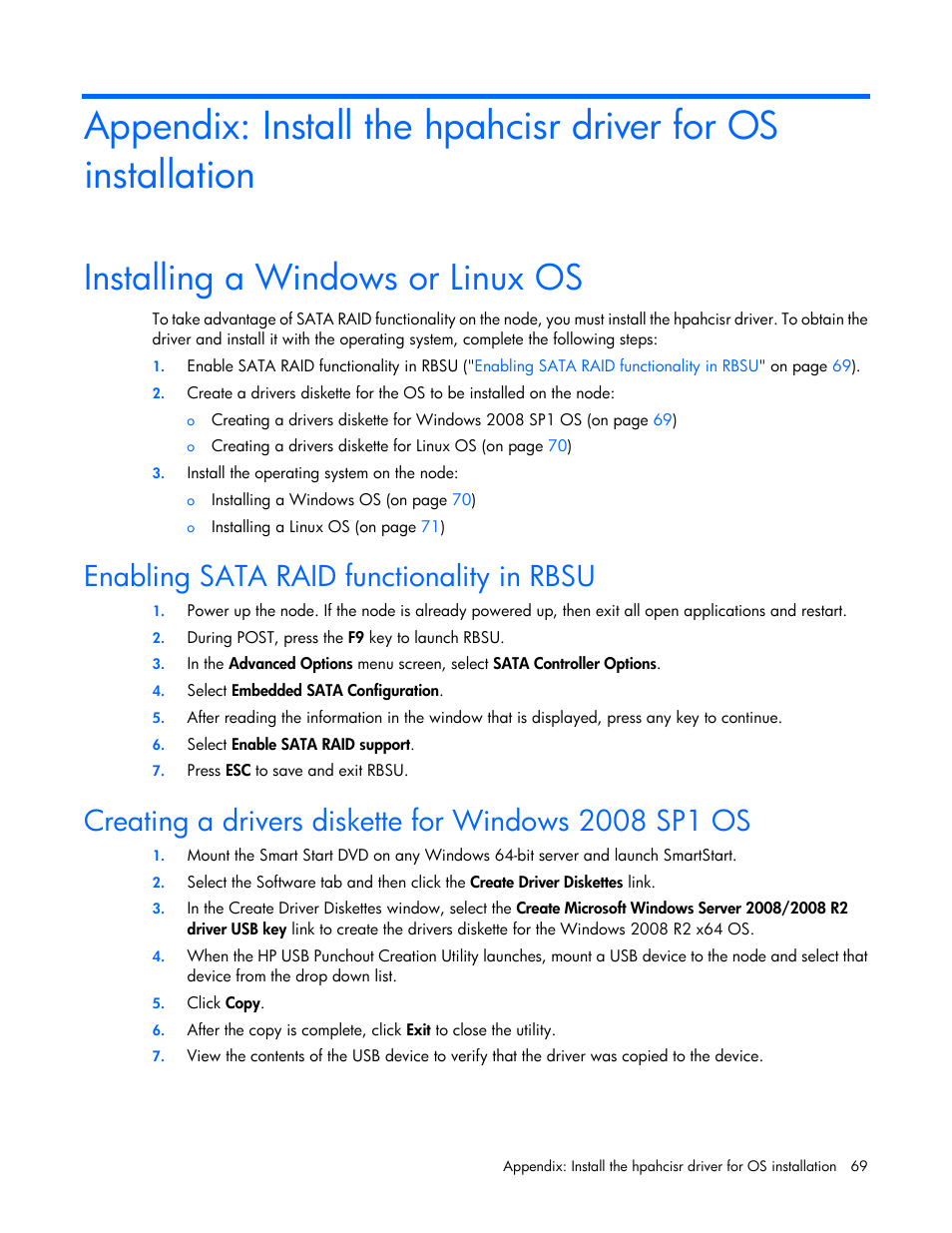 Installing a windows or linux os, Enabling sata raid functionality in rbsu | HP ProLiant SL4545 G7 Server User Manual | Page 69 / 78