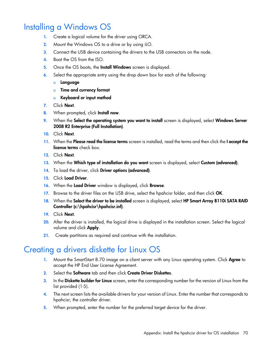 Installing a windows os, Creating a drivers diskette for linux os | HP ProLiant SL4545 G7 Server User Manual | Page 70 / 78