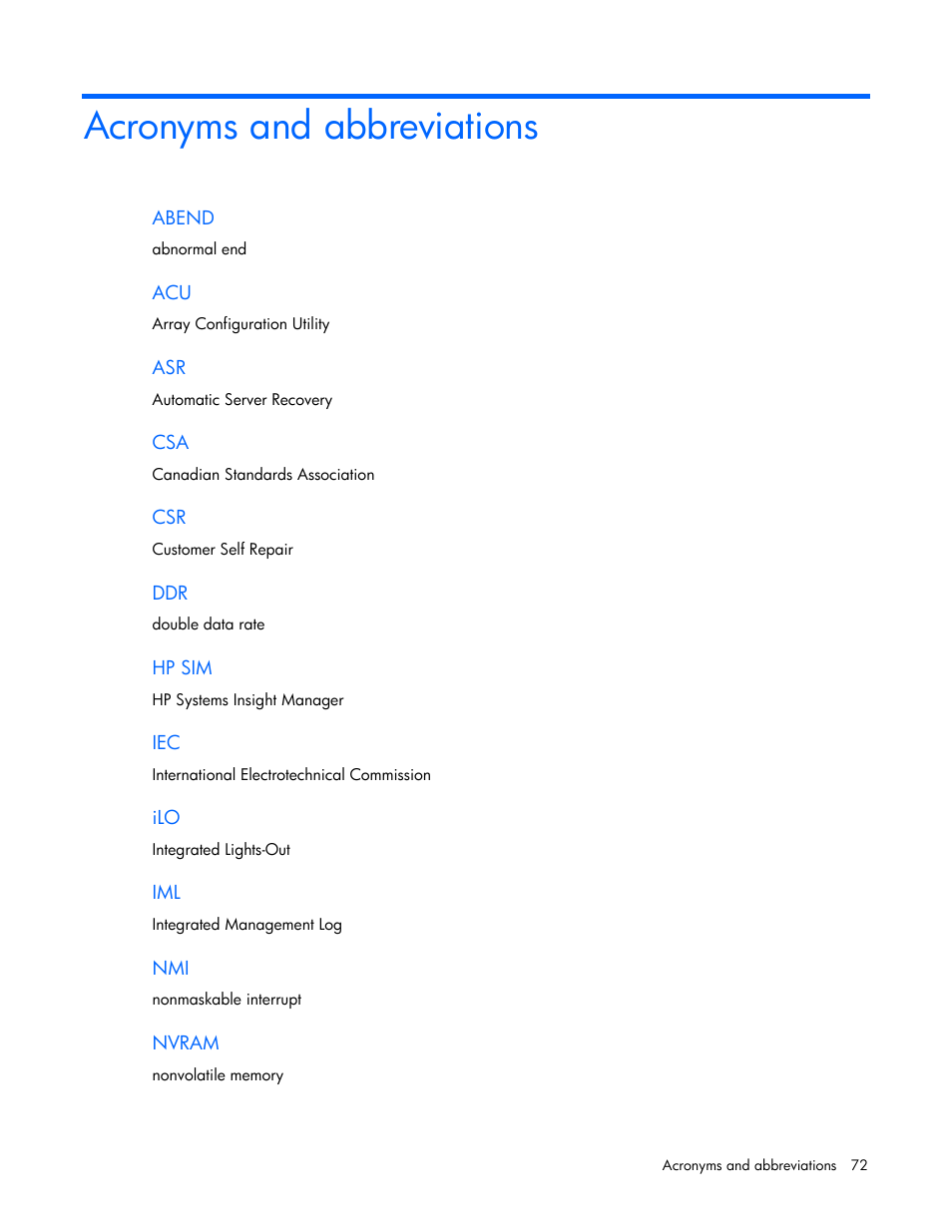 Acronyms and abbreviations | HP ProLiant SL4545 G7 Server User Manual | Page 72 / 78