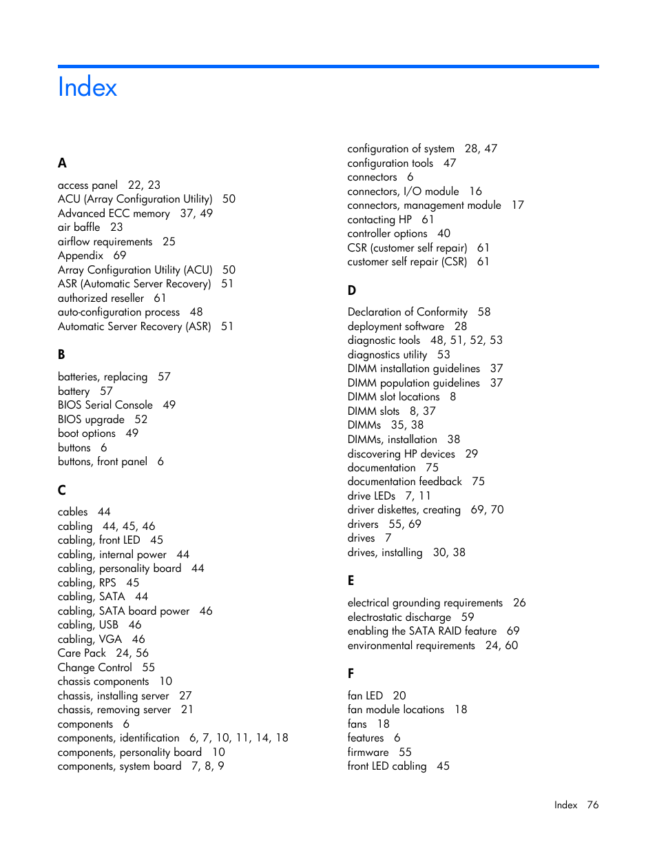 Index | HP ProLiant SL4545 G7 Server User Manual | Page 76 / 78