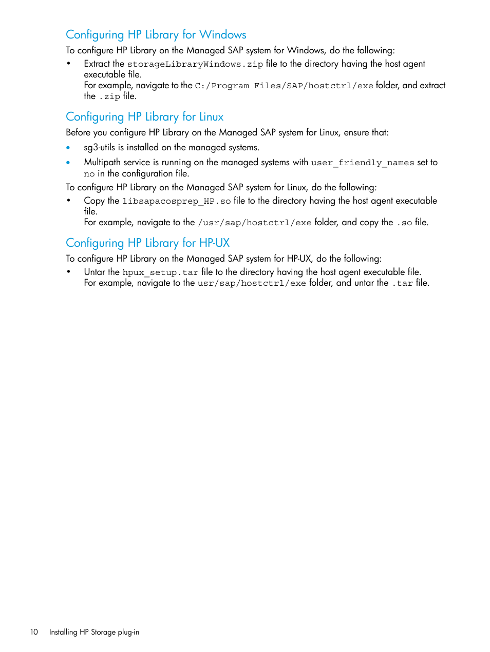 Configuring hp library for windows, Configuring hp library for linux, Configuring hp library for hp-ux | HP Plug-in for SAP NetWeaver Landscape Virtualization Management for Storage User Manual | Page 10 / 20