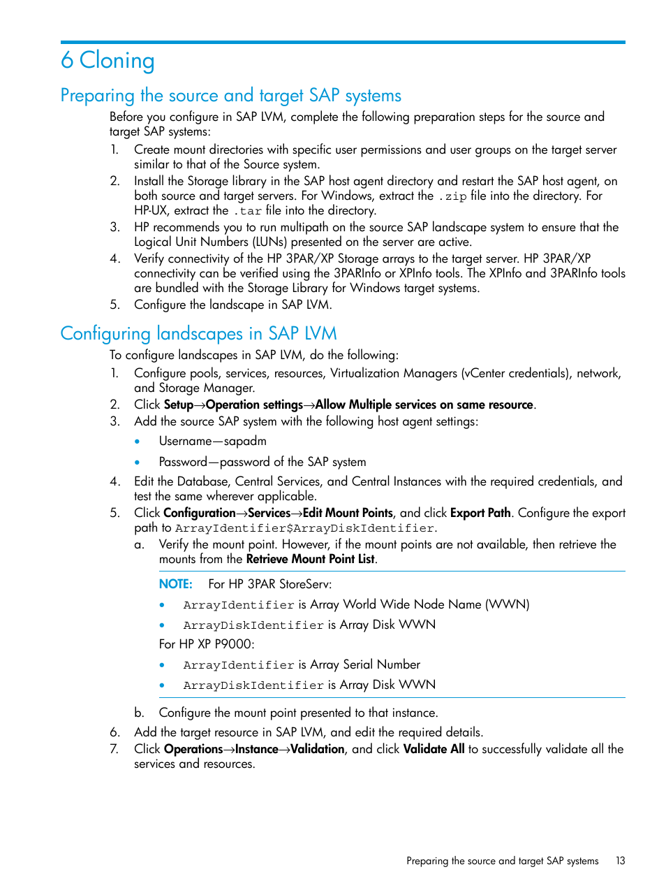 6 cloning, Preparing the source and target sap systems, Configuring landscapes in sap lvm | HP Plug-in for SAP NetWeaver Landscape Virtualization Management for Storage User Manual | Page 13 / 20