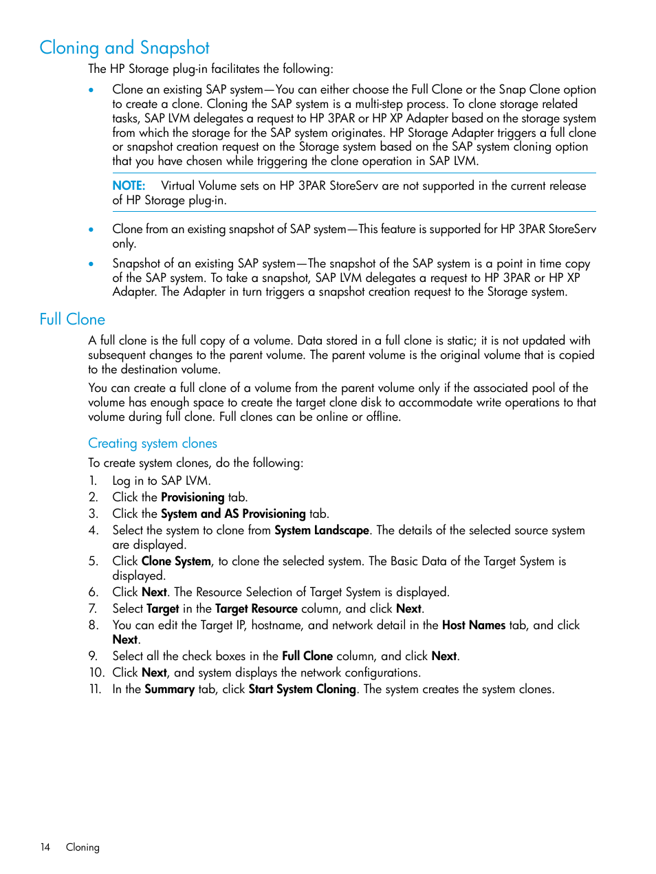 Cloning and snapshot, Full clone | HP Plug-in for SAP NetWeaver Landscape Virtualization Management for Storage User Manual | Page 14 / 20