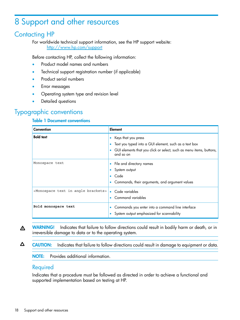 8 support and other resources, Contacting hp, Typographic conventions | Contacting hp typographic conventions, Required | HP Plug-in for SAP NetWeaver Landscape Virtualization Management for Storage User Manual | Page 18 / 20