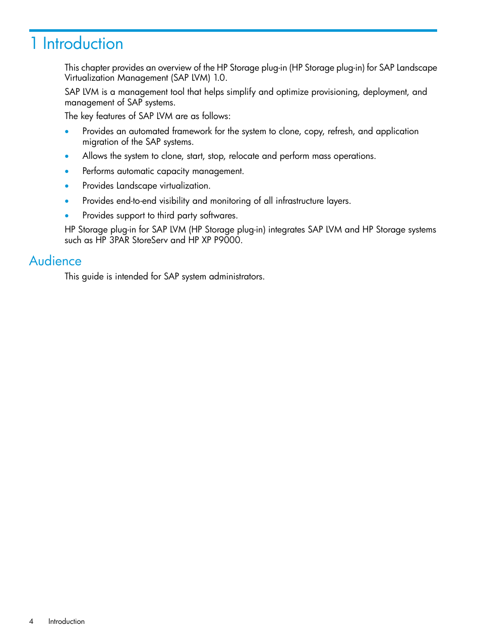 1 introduction, Audience | HP Plug-in for SAP NetWeaver Landscape Virtualization Management for Storage User Manual | Page 4 / 20