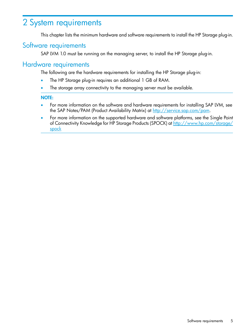 2 system requirements, Software requirements, Hardware requirements | Software requirements hardware requirements | HP Plug-in for SAP NetWeaver Landscape Virtualization Management for Storage User Manual | Page 5 / 20