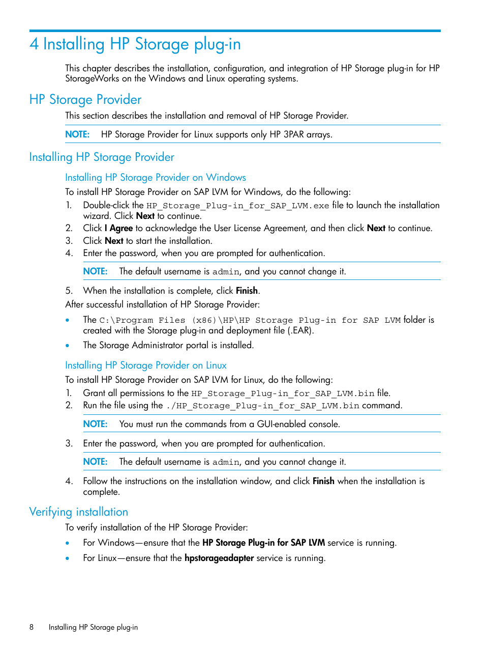 4 installing hp storage plug-in, Hp storage provider, Installing hp storage provider | Verifying installation | HP Plug-in for SAP NetWeaver Landscape Virtualization Management for Storage User Manual | Page 8 / 20