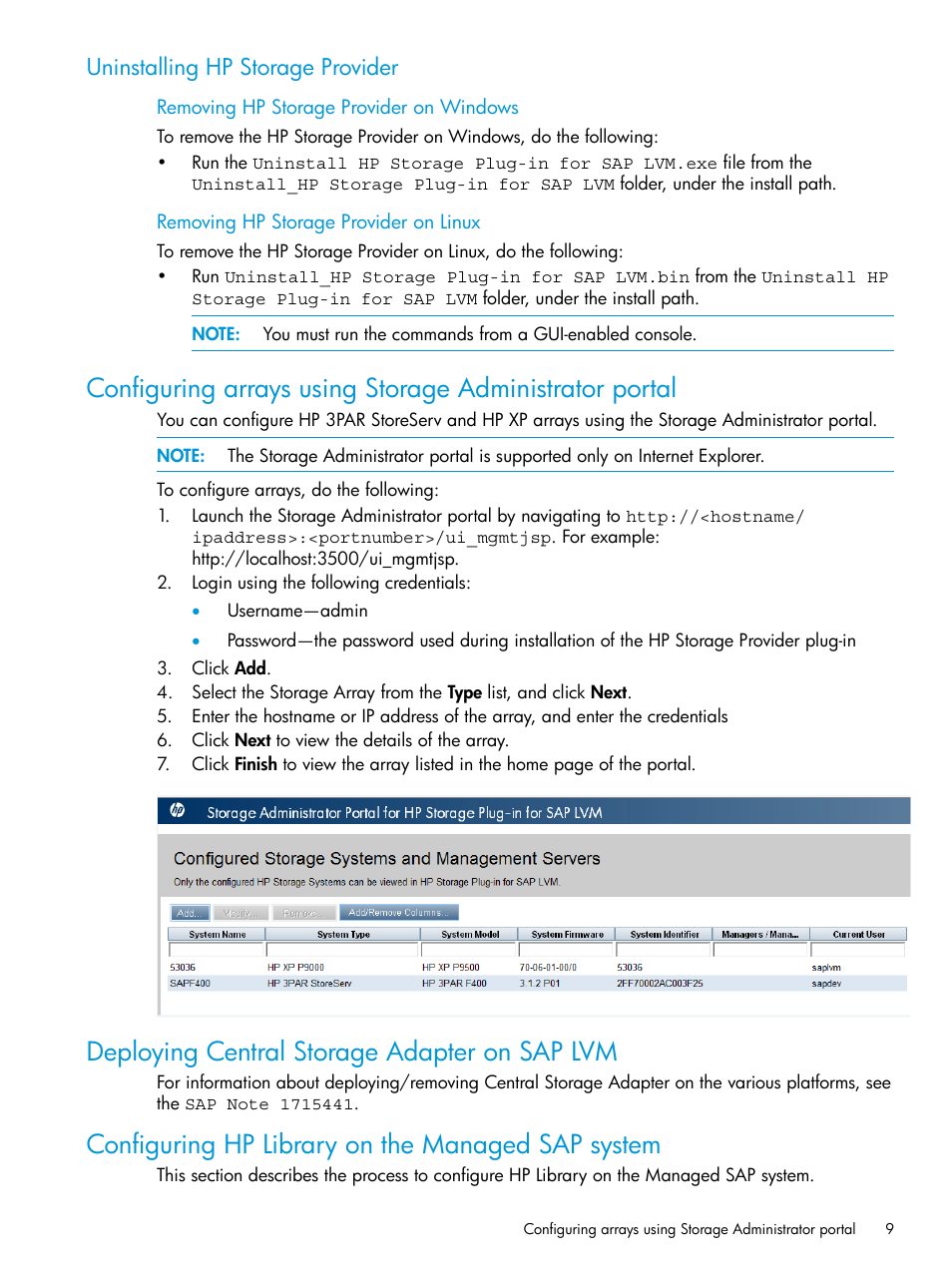 Uninstalling hp storage provider, Deploying central storage adapter on sap lvm, Configuring hp library on the managed sap system | HP Plug-in for SAP NetWeaver Landscape Virtualization Management for Storage User Manual | Page 9 / 20