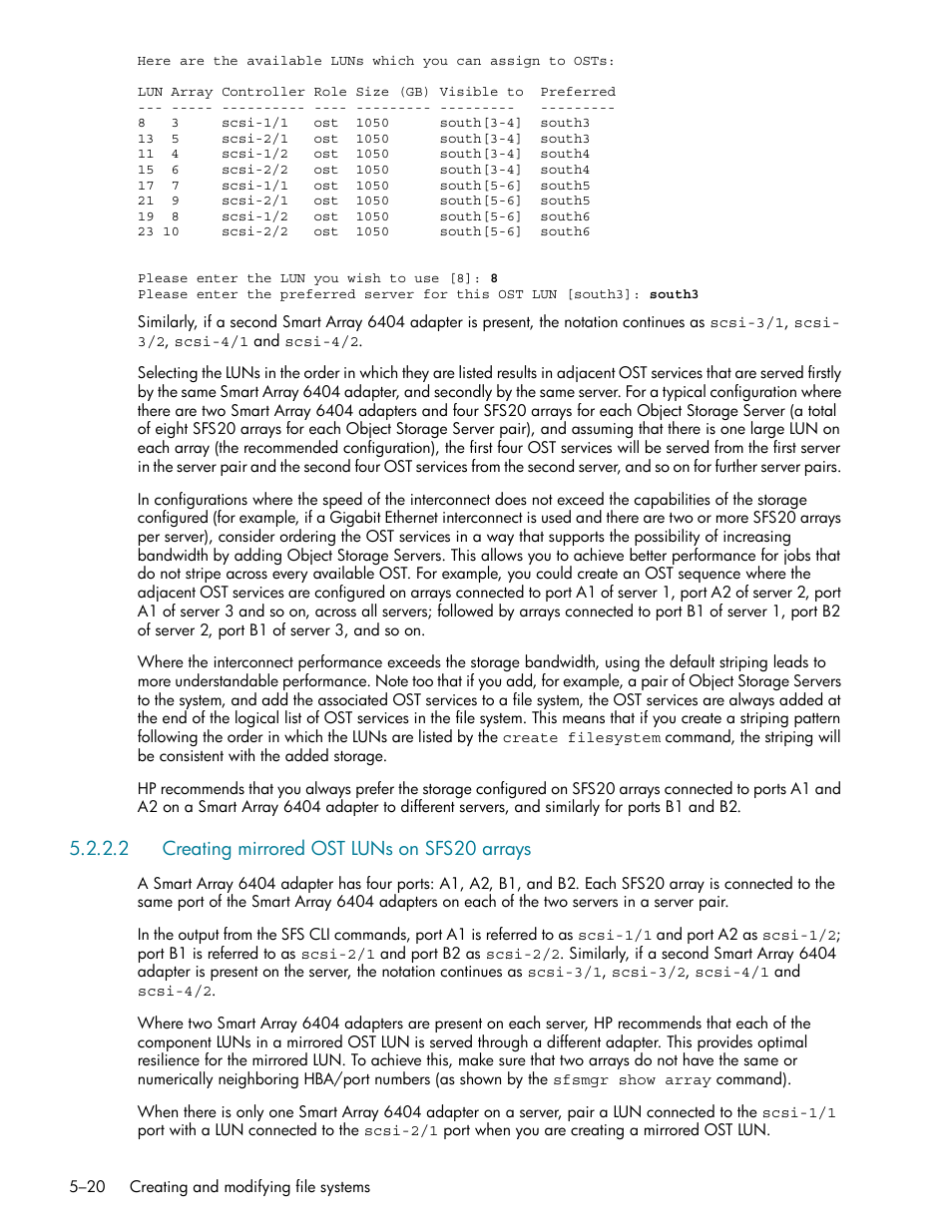 2 creating mirrored ost luns on sfs20 arrays, Creating mirrored ost luns on sfs20 arrays -20 | HP StorageWorks Scalable File Share User Manual | Page 104 / 362